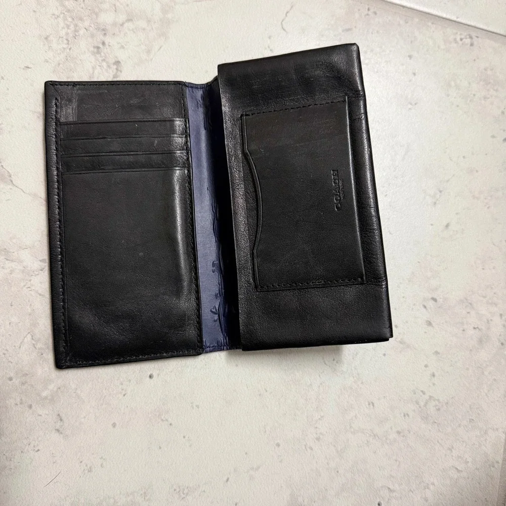 Coach Vintage Long Bifold Wallet Mens Black Good Leather Slim Blue Interior Logo